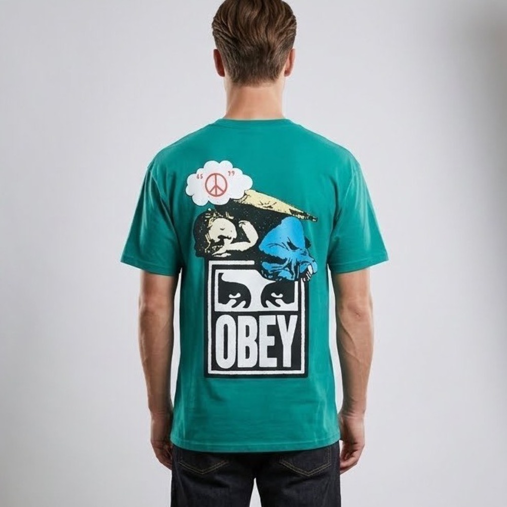 Obey Worldwide Teal Green Graphic T-Shirt Mens Medium Peace Sign Streetwear